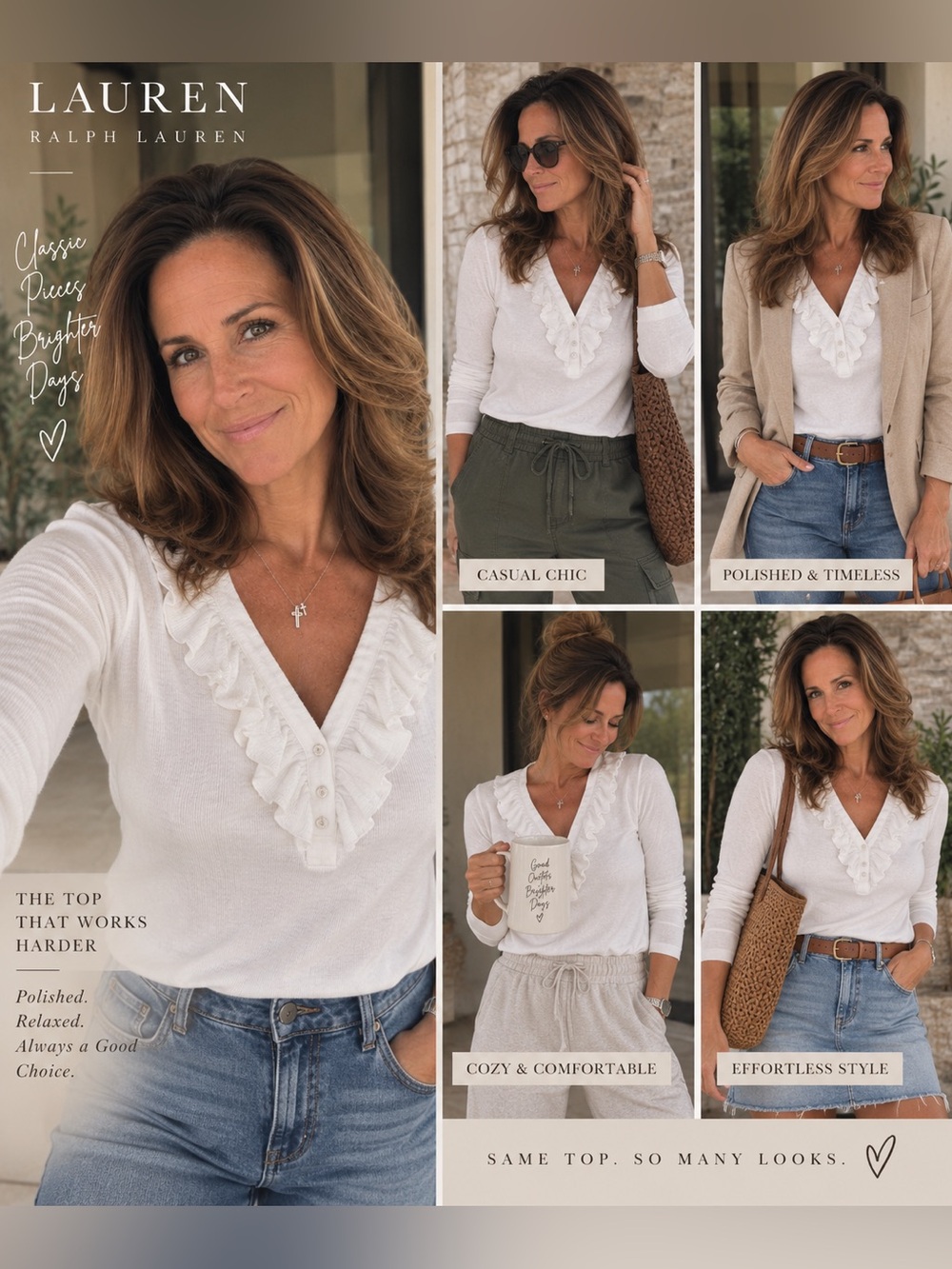 NWT Lauren Ralph Lauren White Ruffle Cotton Top Women’s L